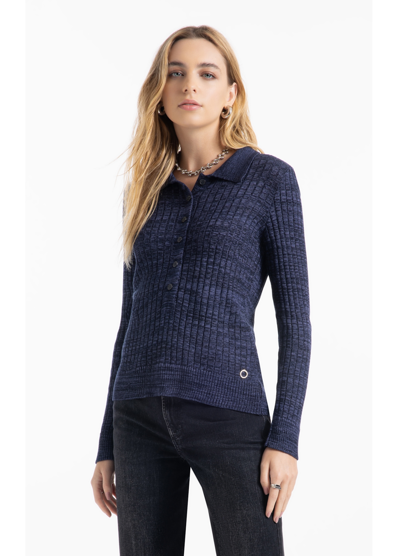 Tricot Visco Polo Ribbed Knit Dark Navy
