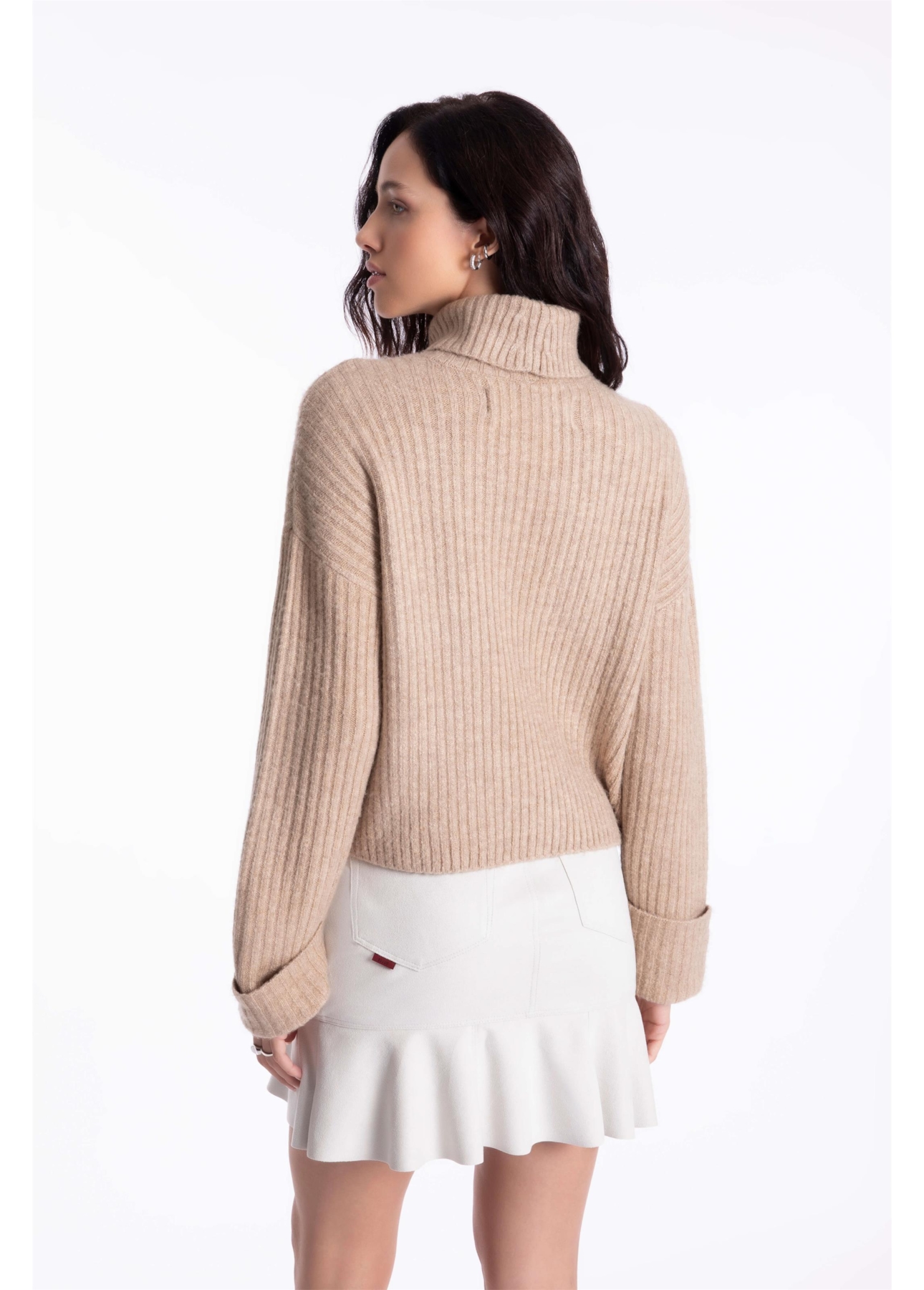 Tricot Wool Like Ribbed Turtleneck Husk