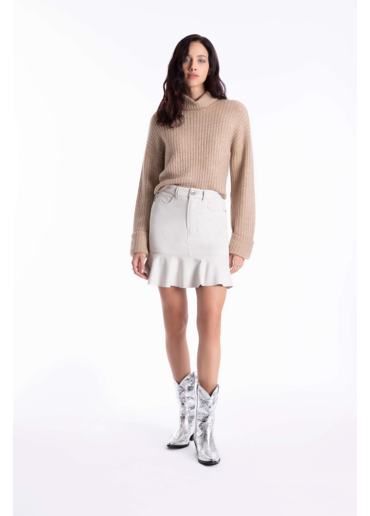 Tricot Wool Like Ribbed Turtleneck Husk