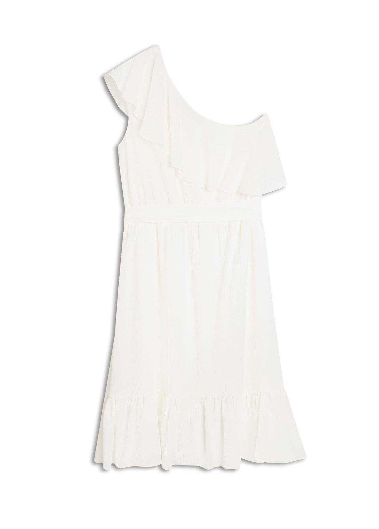 Vestido Crepe Indi Ruffle One Shoulder Off White