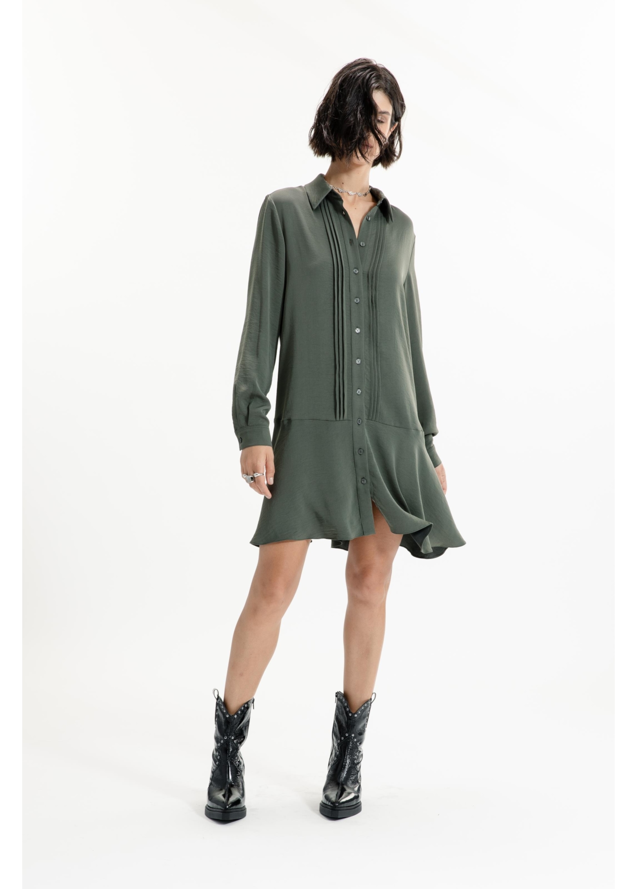 Vestido Fluid Breeze Pleats Verde Militar