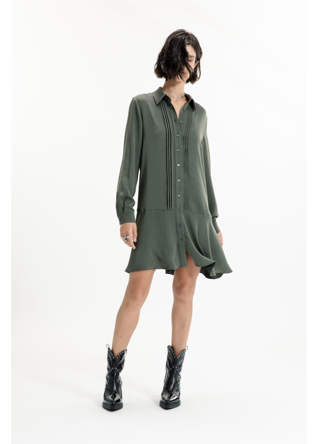 Vestido Fluid Breeze Pleats Verde Militar