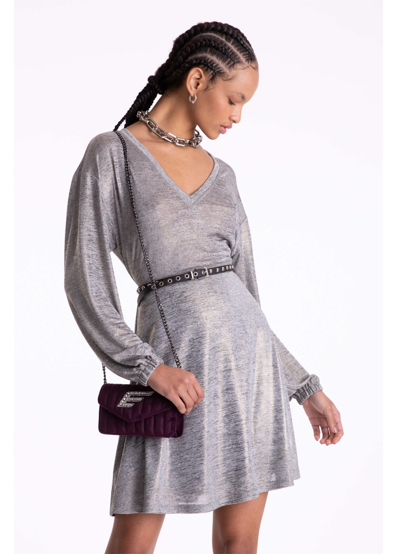 Vestido Jersey Foil Metalico Cinza Mescla