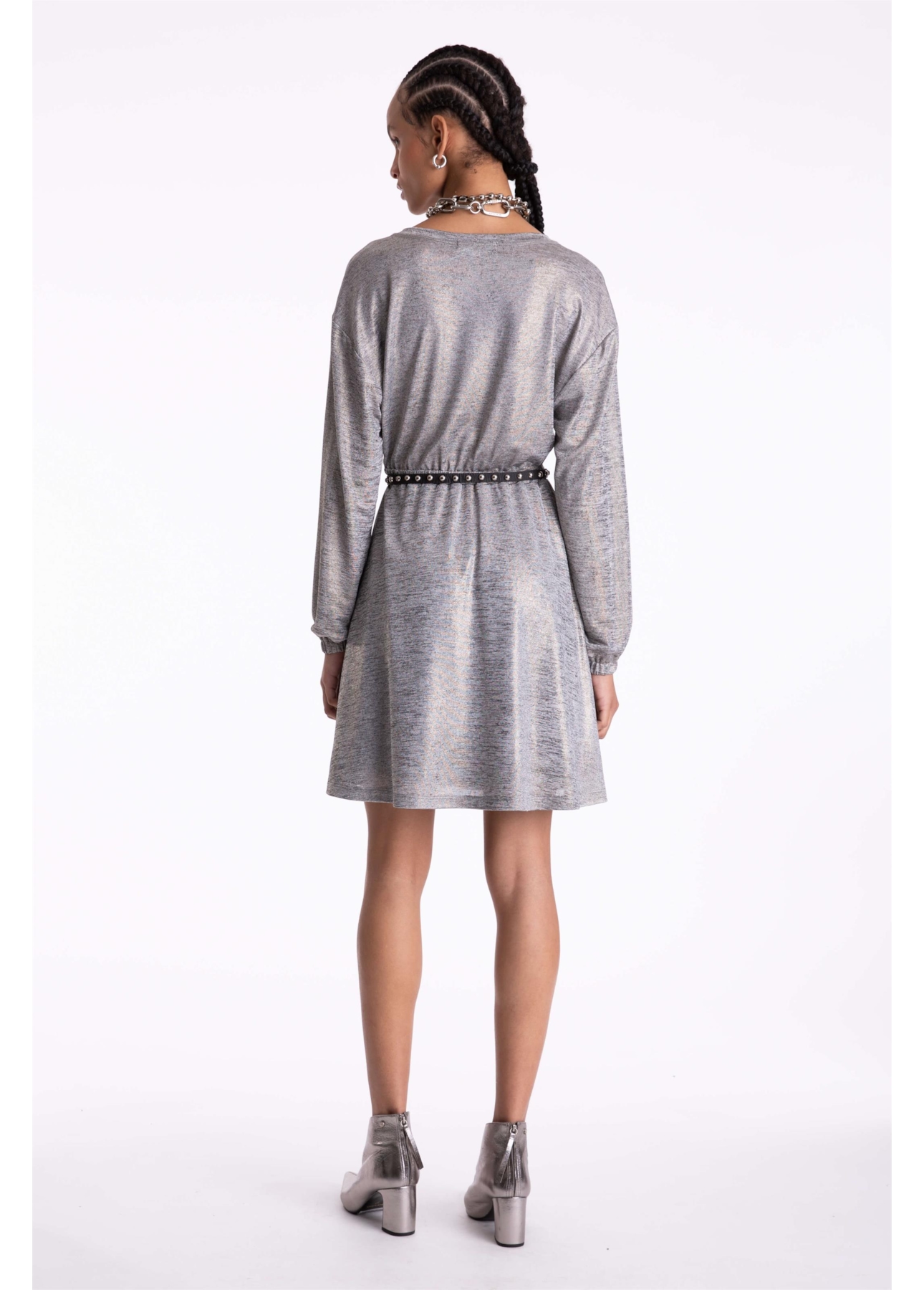 Vestido Jersey Foil Metalico Cinza Mescla