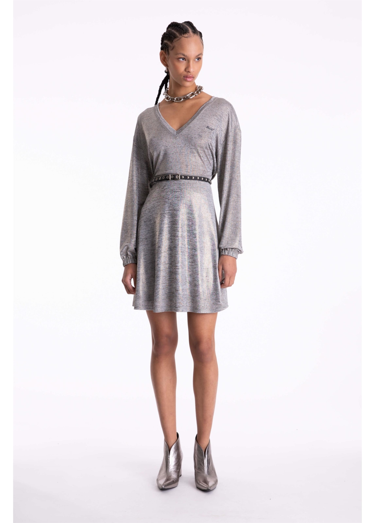 Vestido Jersey Foil Metalico Cinza Mescla
