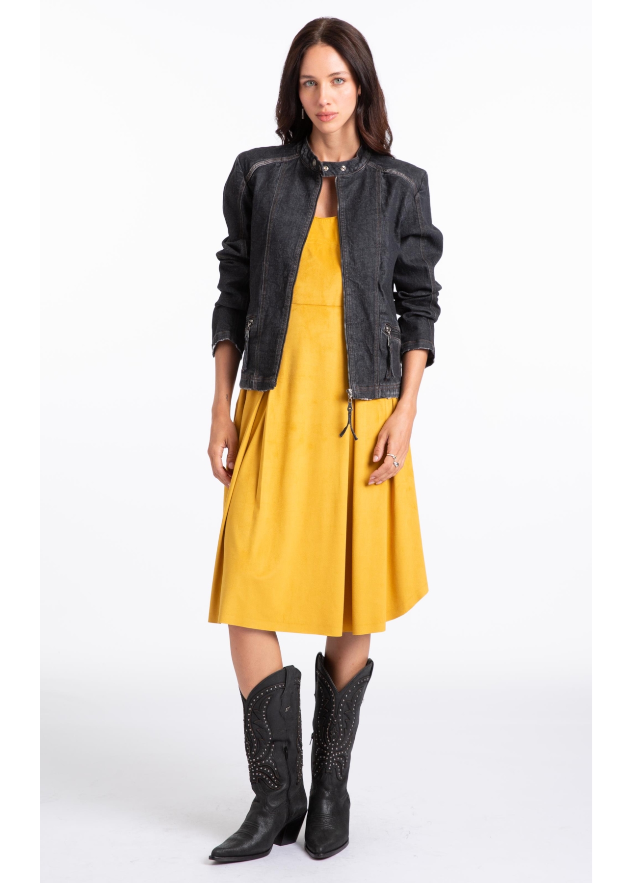 Vestido Jersey Leather Pleated Mostarda