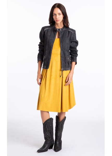 Vestido Jersey Leather Pleated Mostarda