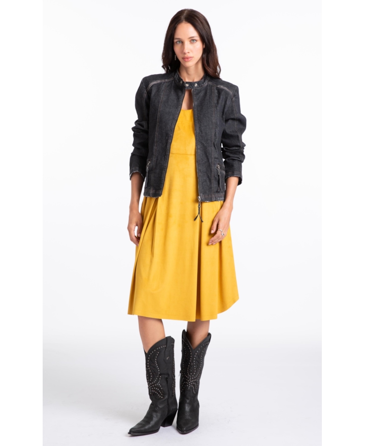 Vestido Jersey Leather Pleated Mostarda
