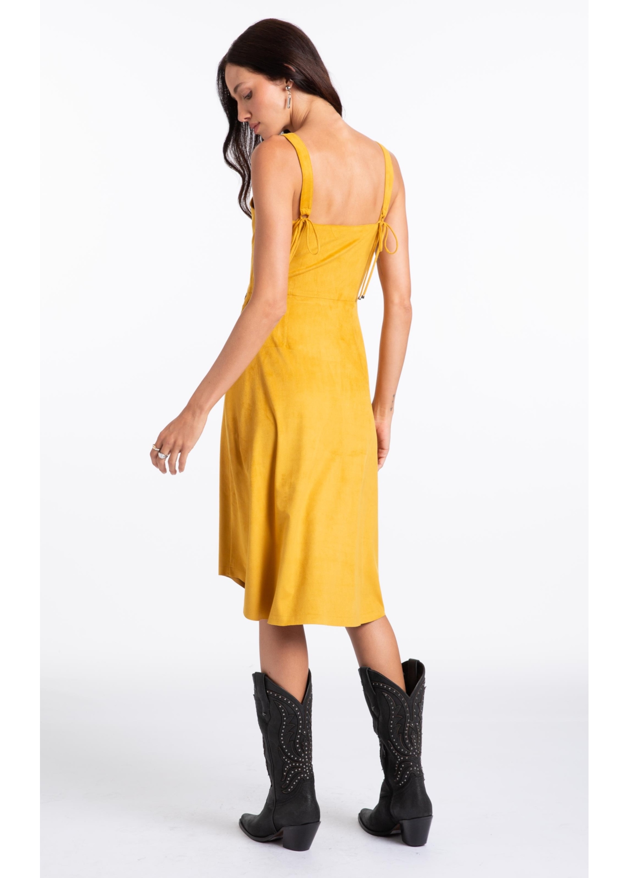 Vestido Jersey Leather Pleated Mostarda