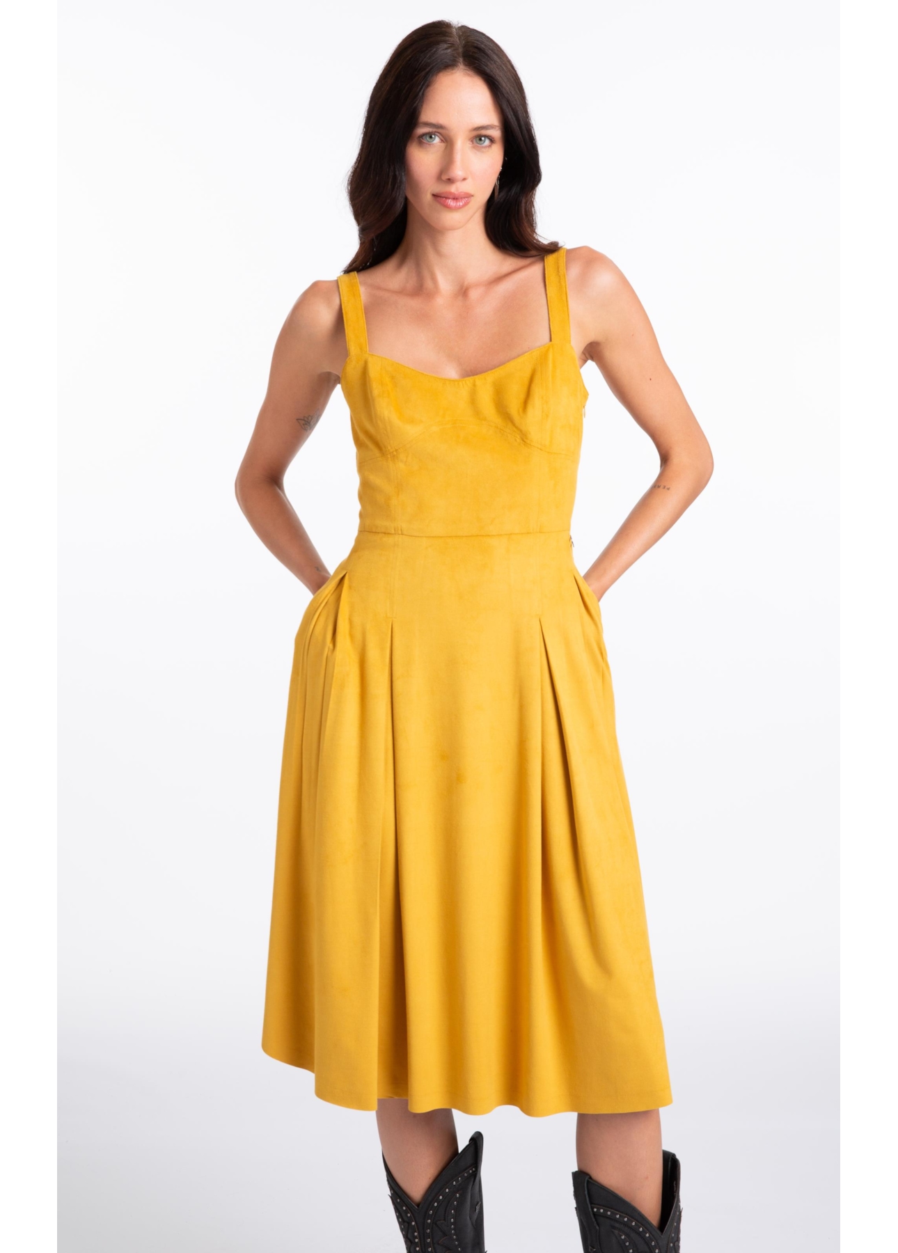 Vestido Jersey Leather Pleated Mostarda