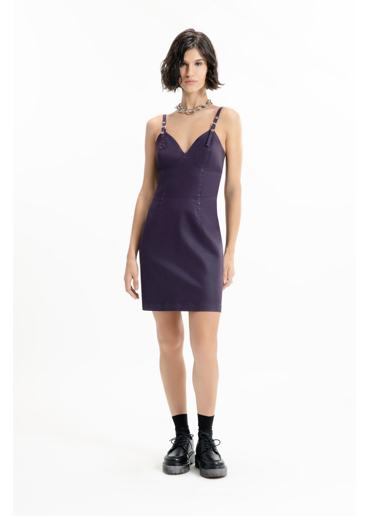 Vestido Leather Denim Buckle Mini Beringela