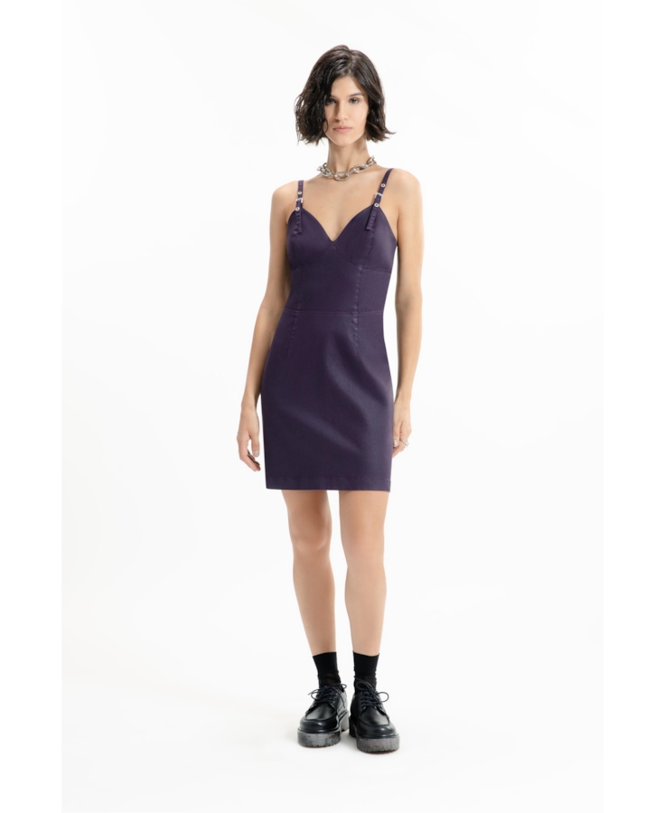 Vestido Leather Denim Buckle Mini Beringela