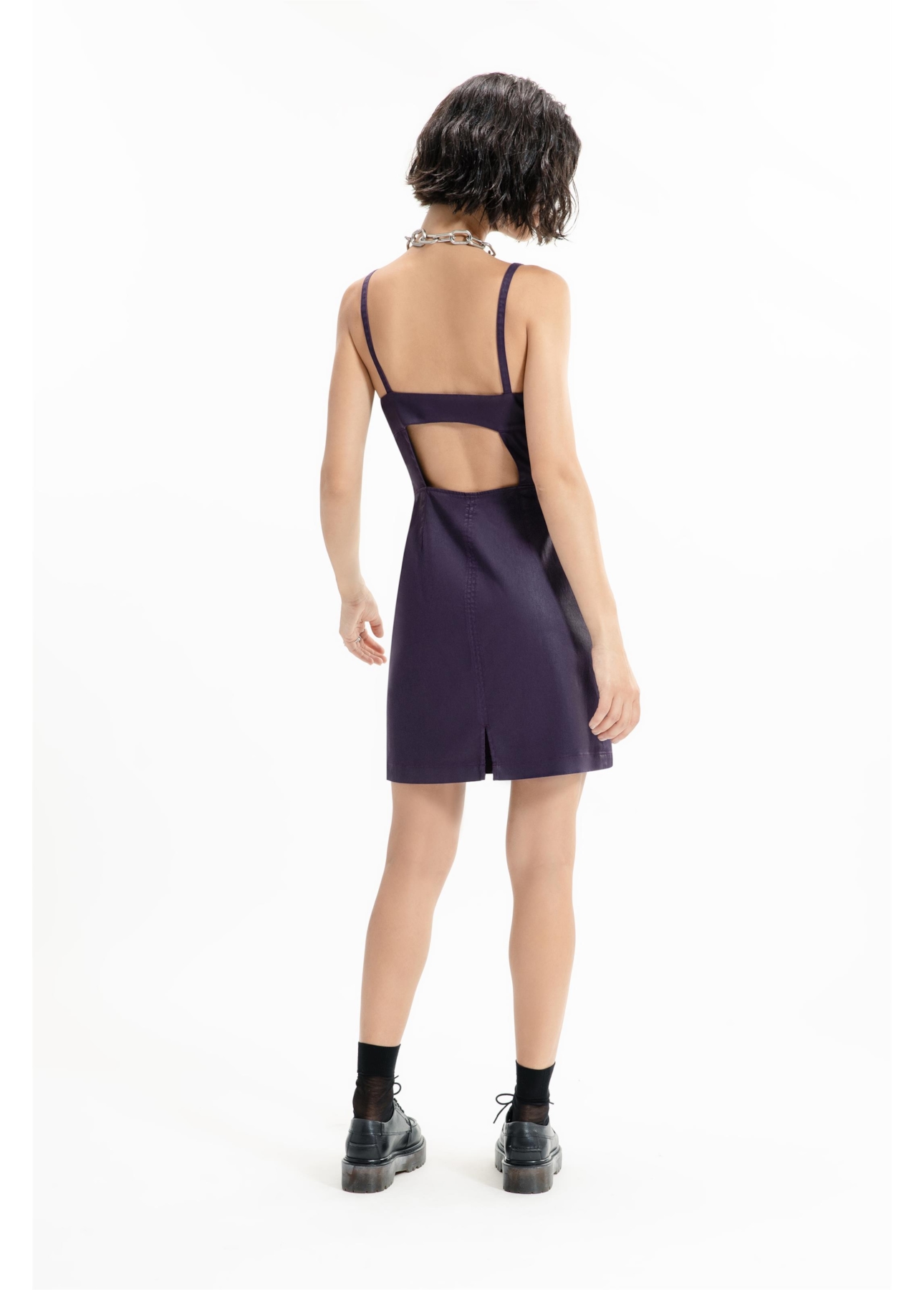Vestido Leather Denim Buckle Mini Beringela