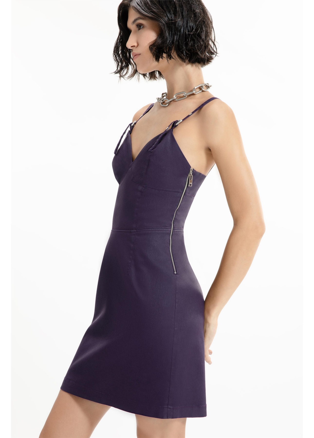 Vestido Leather Denim Buckle Mini Beringela