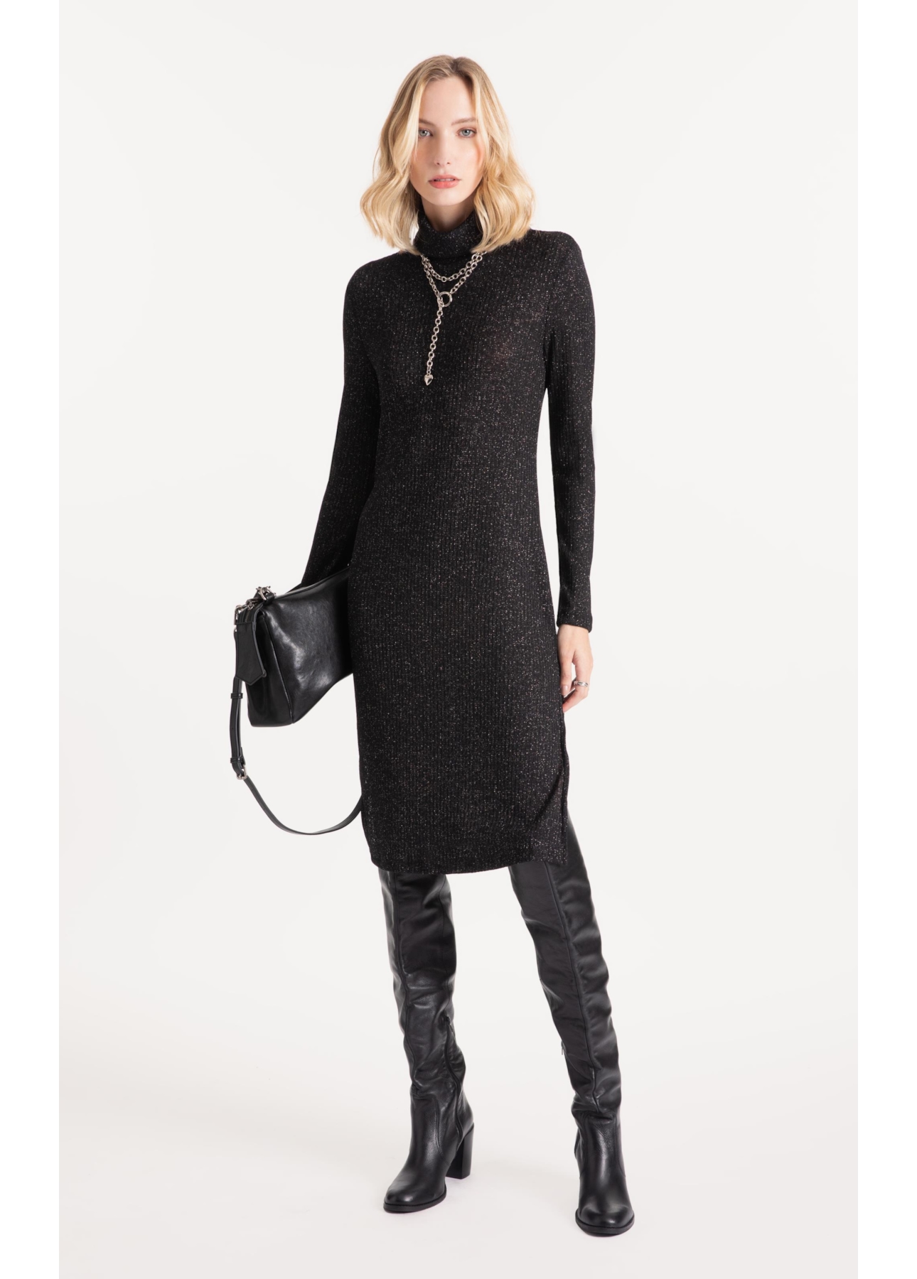 Vestido Metalic Turtle Neck Midi Preto