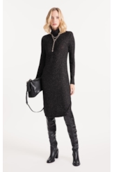 Vestido Metalic Turtle Neck Midi Preto