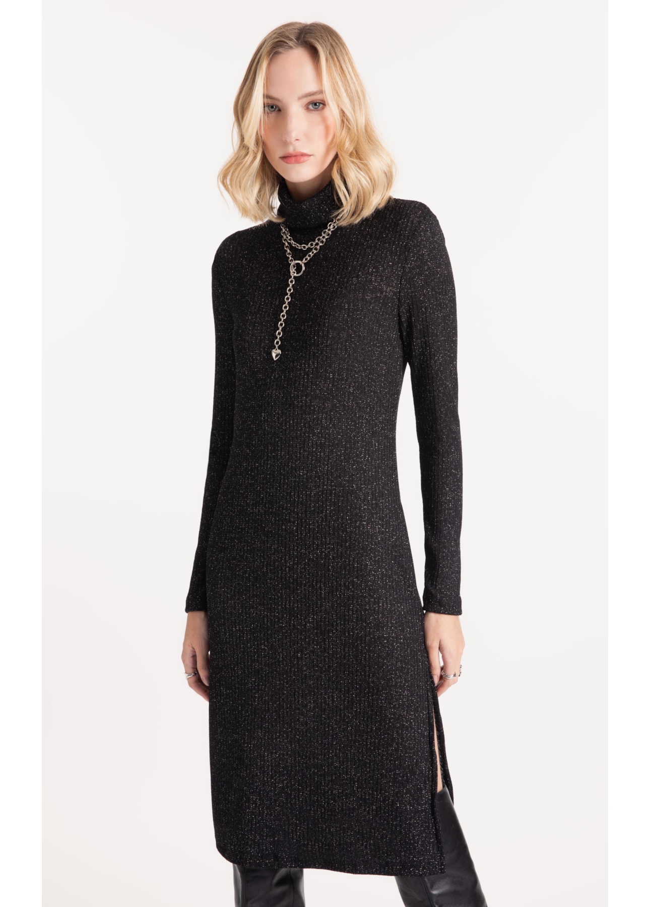 Vestido Metalic Turtle Neck Midi Preto
