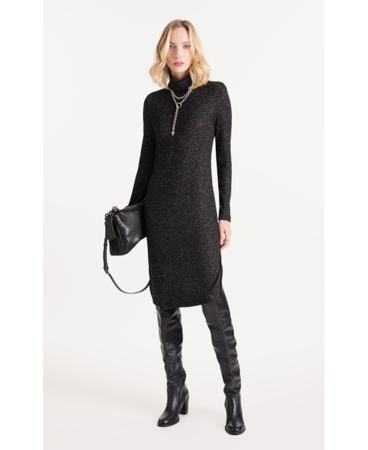 Vestido Metalic Turtle Neck Midi Preto