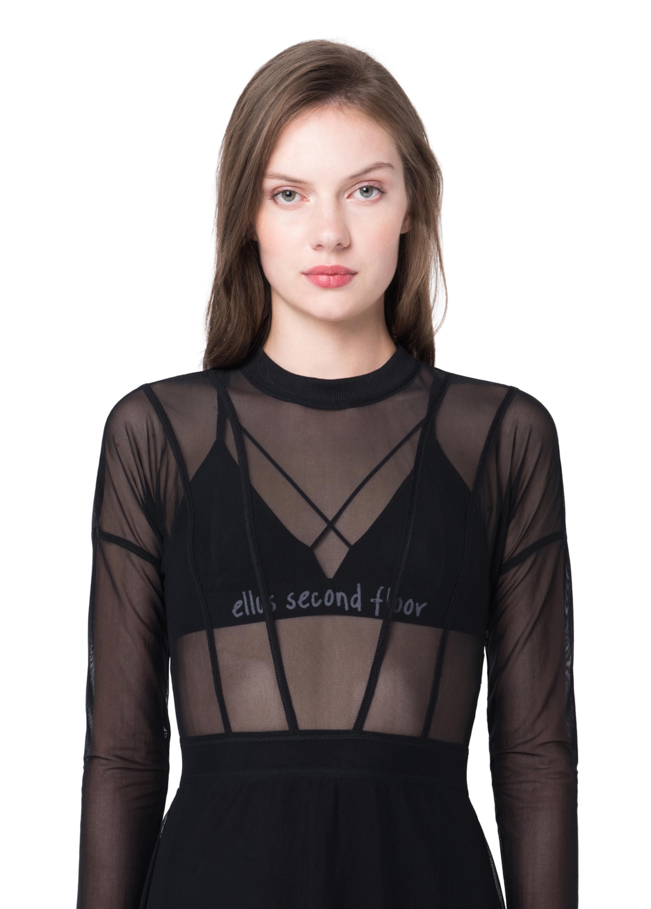 Vestido Recortes Tule Preto