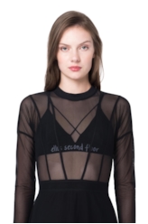 Vestido Recortes Tule Preto