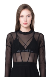 Vestido Recortes Tule Preto