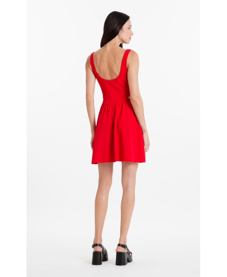 Vestido Scuba Crepe Recortes Evase Curto Vermelho