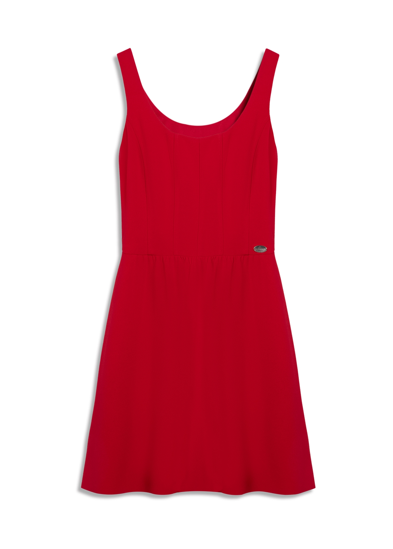 Vestido Scuba Crepe Recortes Evase Curto Vermelho