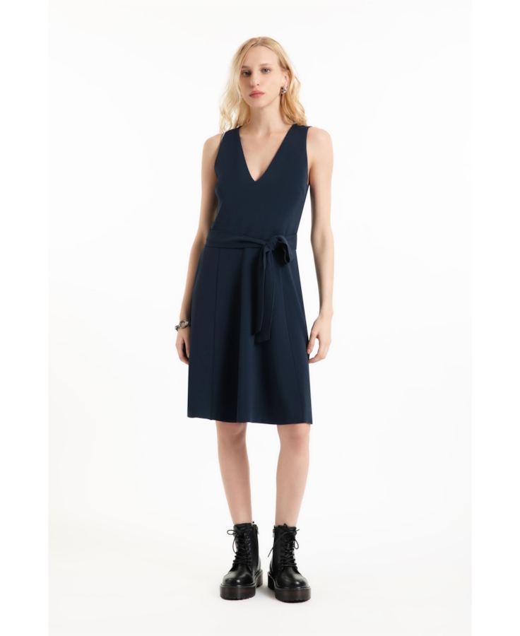 Vestido Scuba Crepe v Neckline Curto Marinho