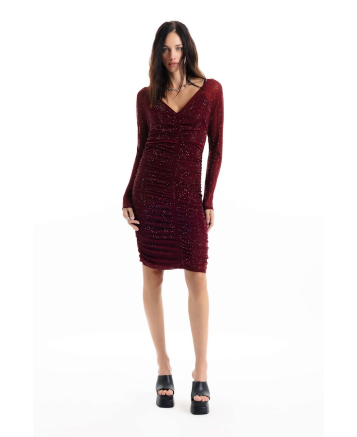 Vestido Shine Hotfix Dress Ruching Vinho