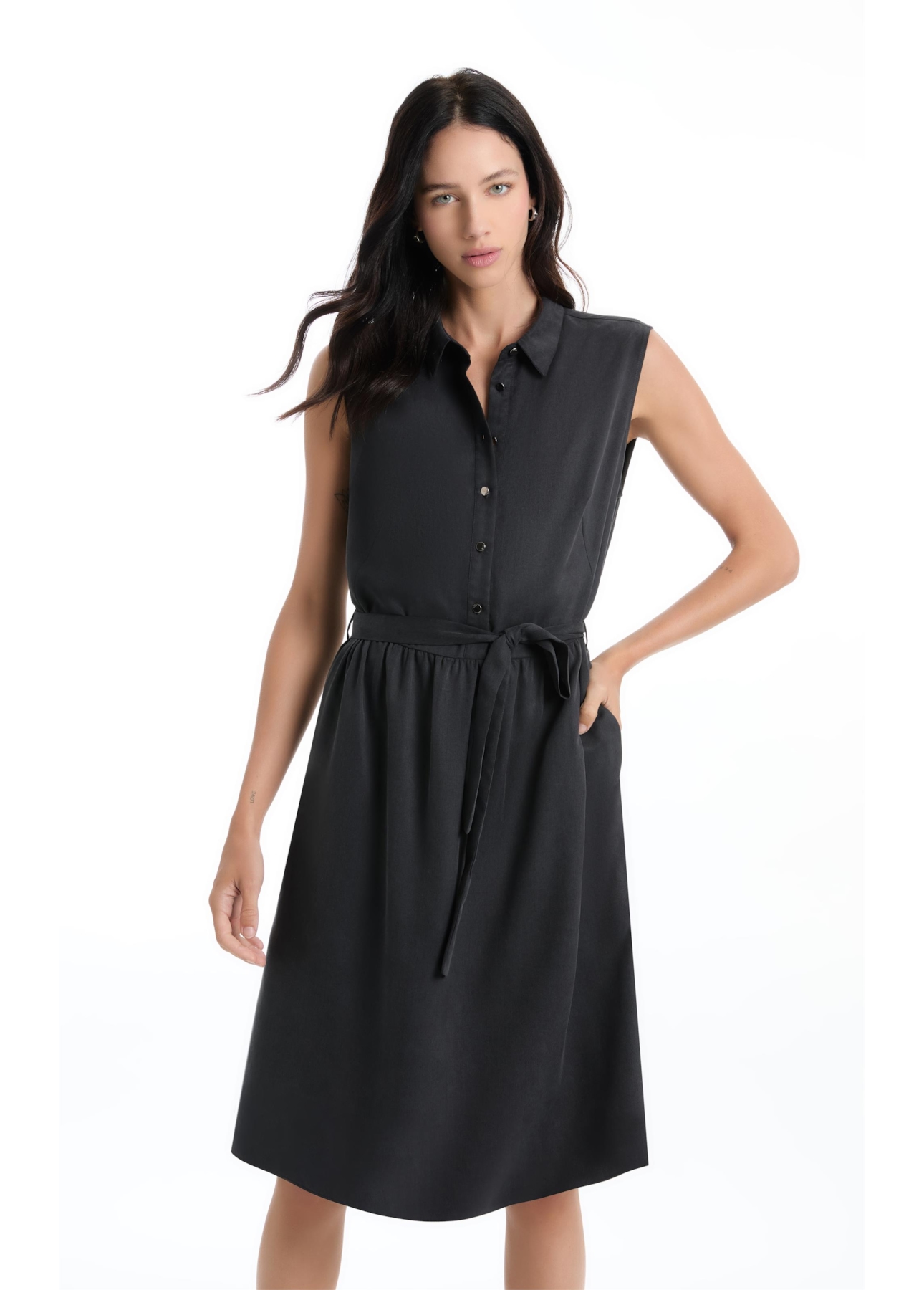 Vestido Tencel Chemise Midi Preto