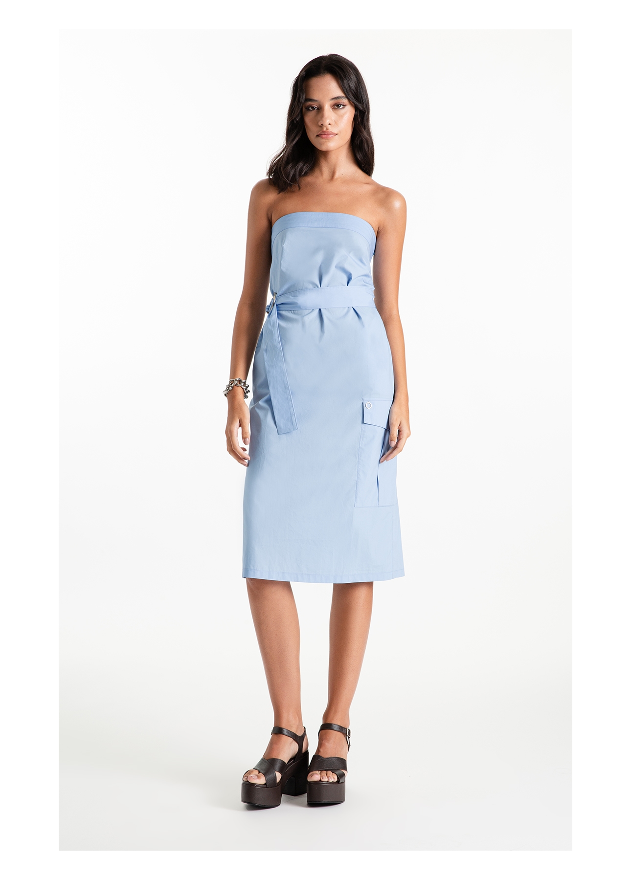 Vestido Tricoline Strapless Knee Azul Claro