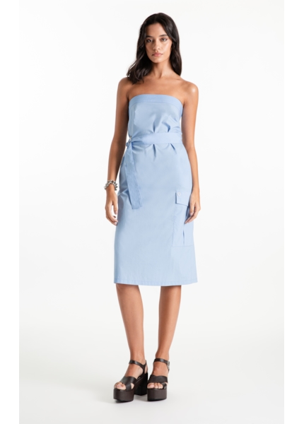 Vestido Tricoline Strapless Knee Azul Claro