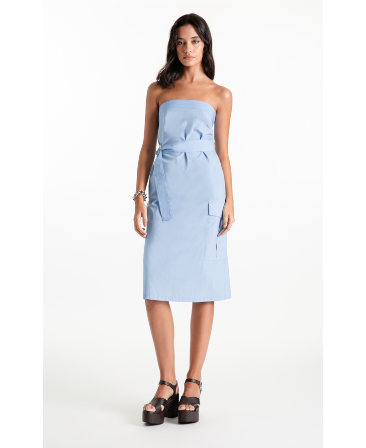 Vestido Tricoline Strapless Knee Azul Claro