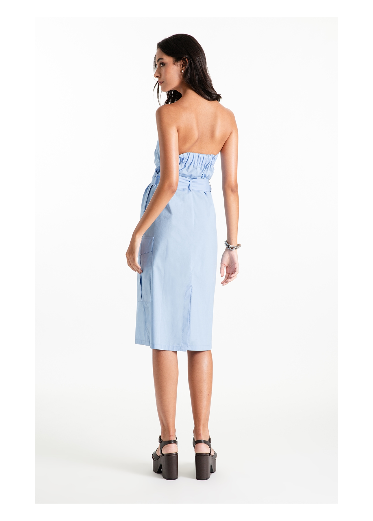 Vestido Tricoline Strapless Knee Azul Claro