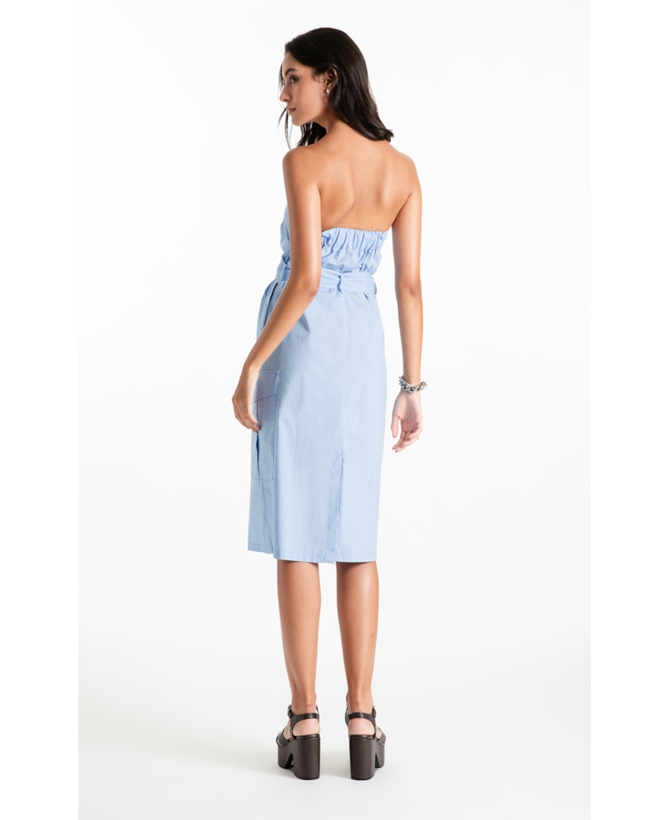 Vestido Tricoline Strapless Knee Azul Claro