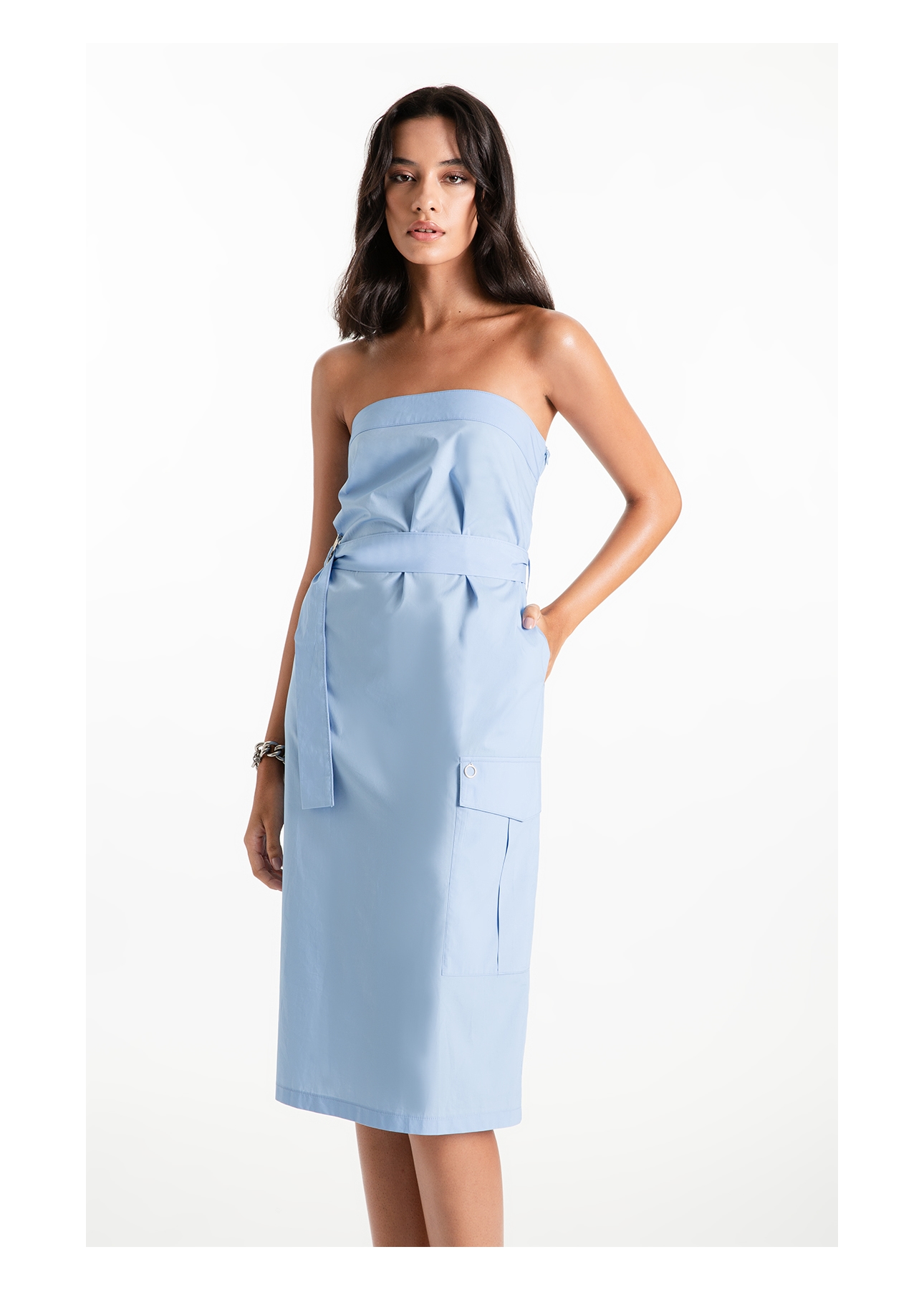 Vestido Tricoline Strapless Knee Azul Claro