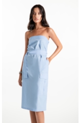Vestido Tricoline Strapless Knee Azul Claro