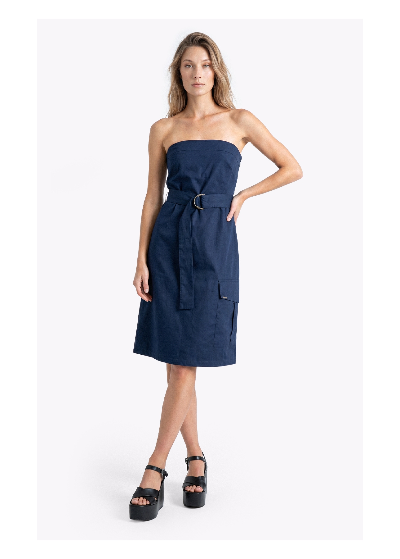 Vestido Tricoline Strapless Knee Dark Navy