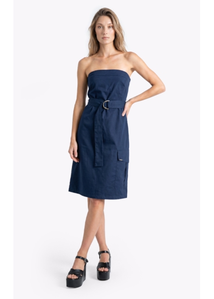 Vestido Tricoline Strapless Knee Dark Navy