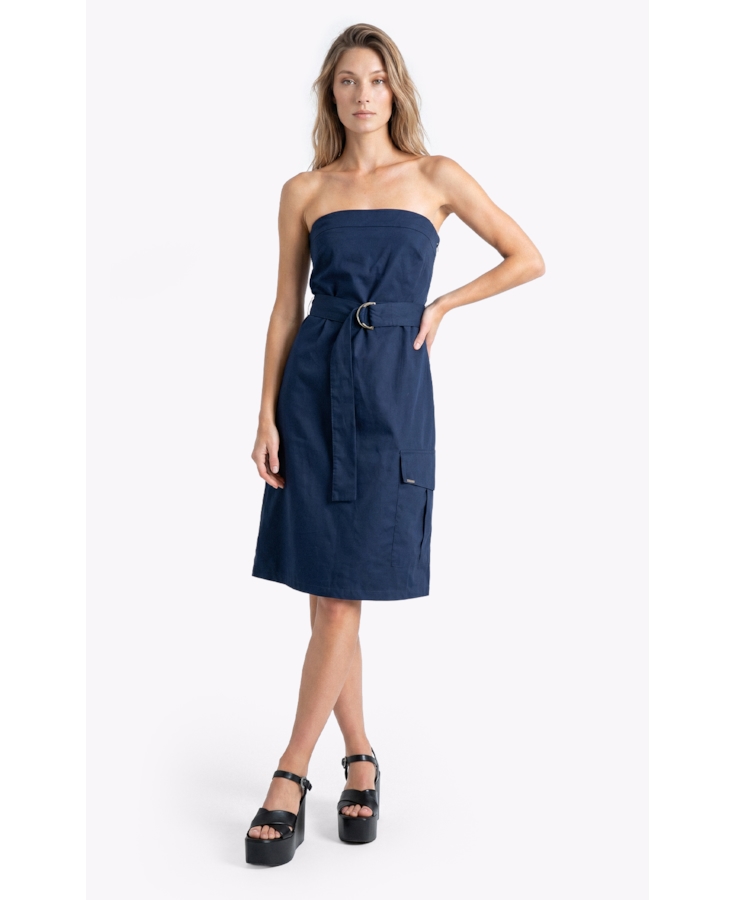 Vestido Tricoline Strapless Knee Dark Navy