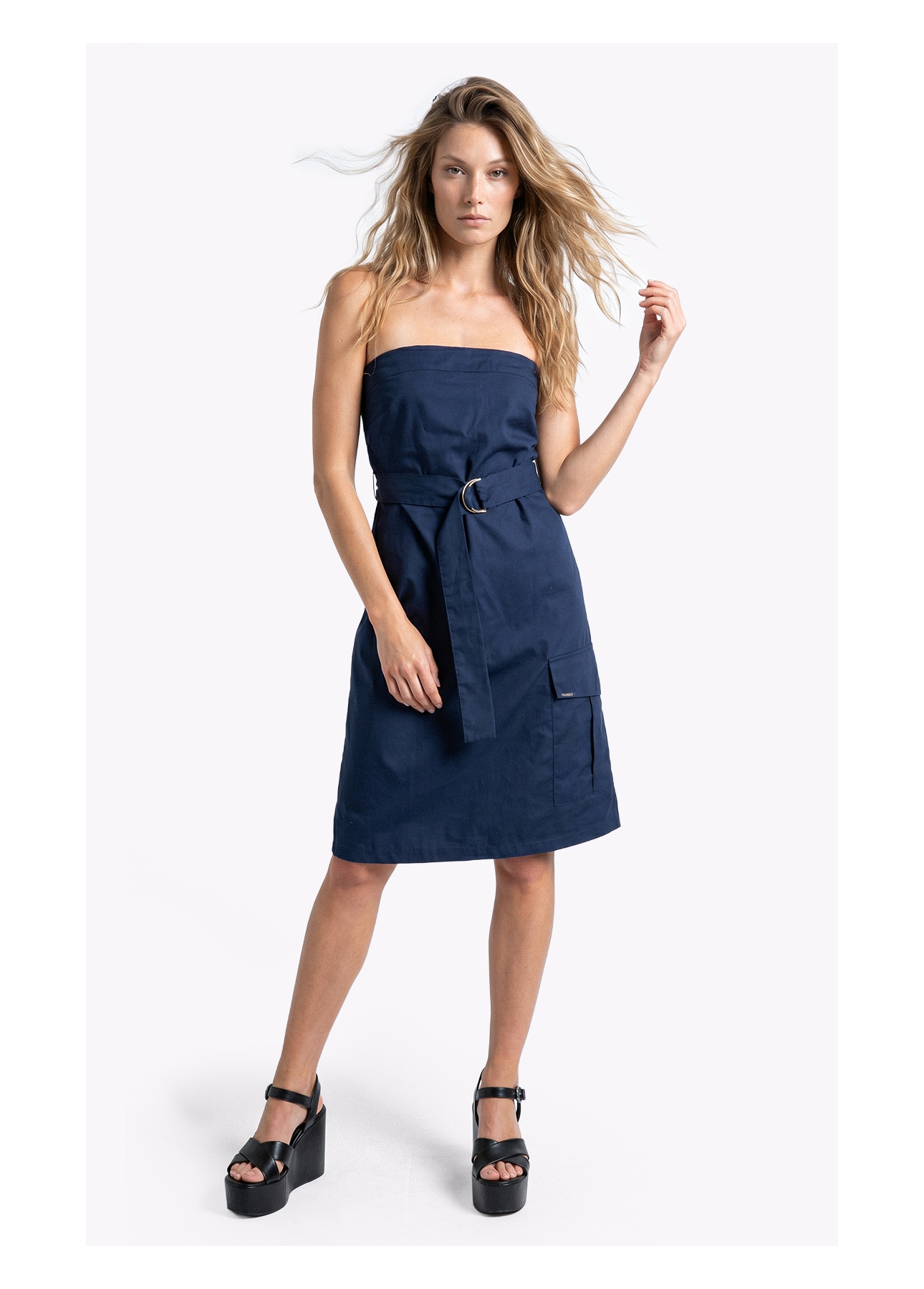 Vestido Tricoline Strapless Knee Dark Navy