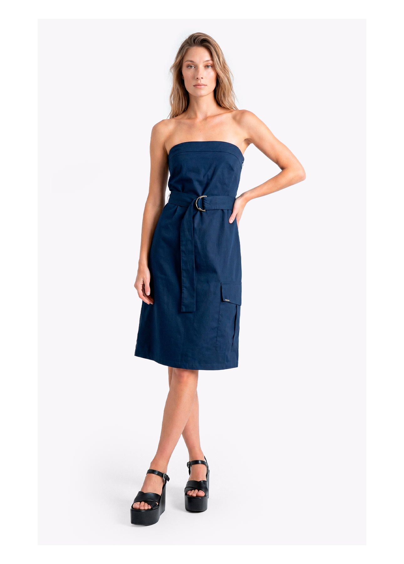 Vestido Tricoline Strapless Knee Dark Navy