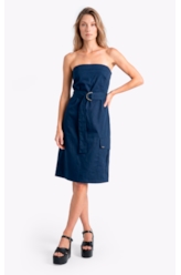 Vestido Tricoline Strapless Knee Dark Navy