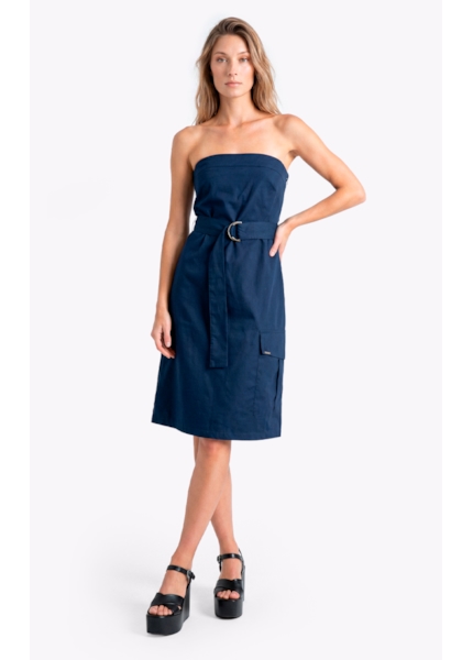 Vestido Tricoline Strapless Knee Dark Navy