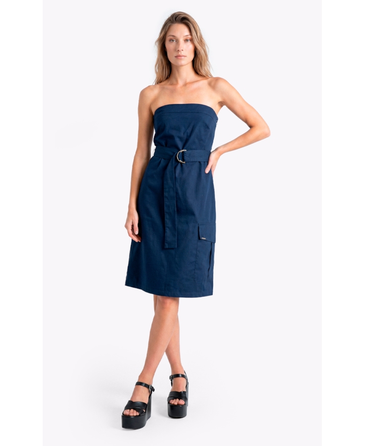 Vestido Tricoline Strapless Knee Dark Navy