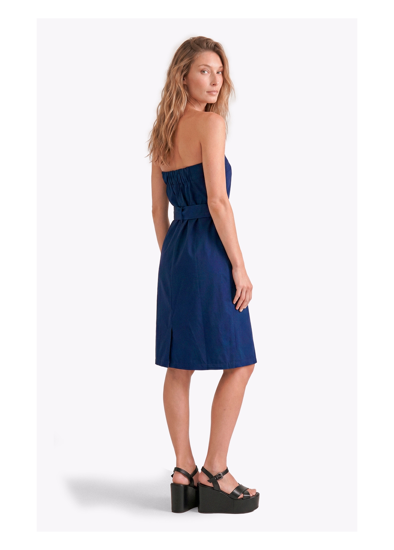 Vestido Tricoline Strapless Knee Dark Navy