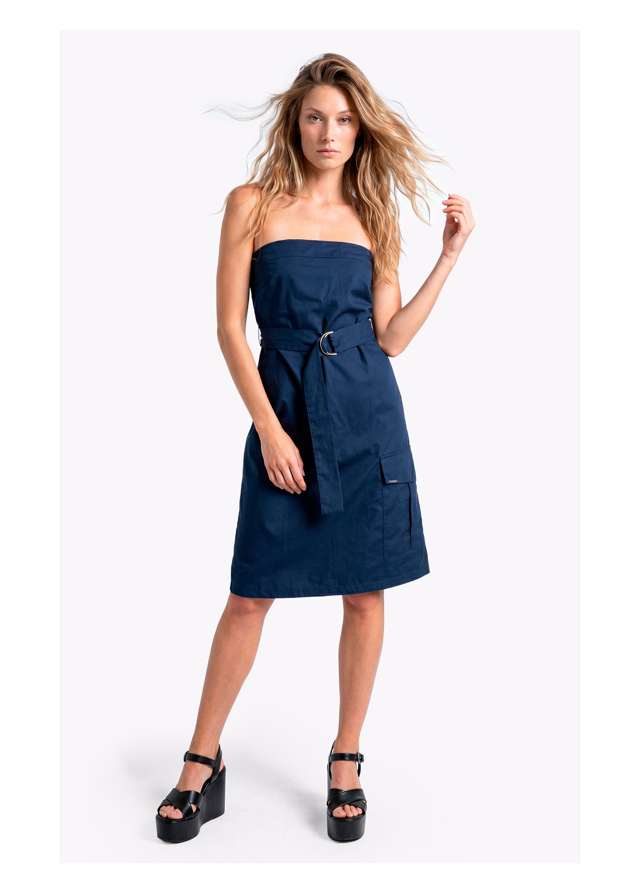 Vestido Tricoline Strapless Knee Dark Navy