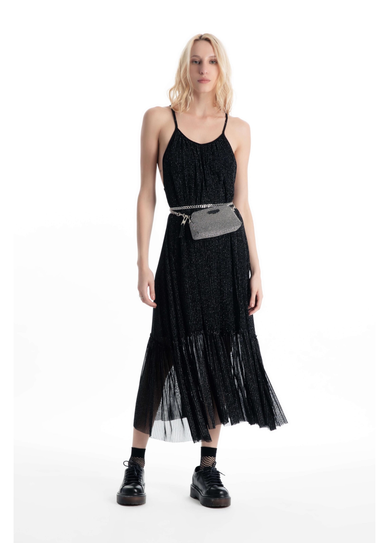 Vestido Tule Lurex Midi Preto