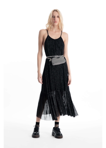Vestido Tule Lurex Midi Preto