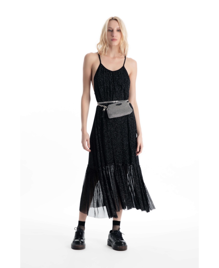 Vestido Tule Lurex Midi Preto